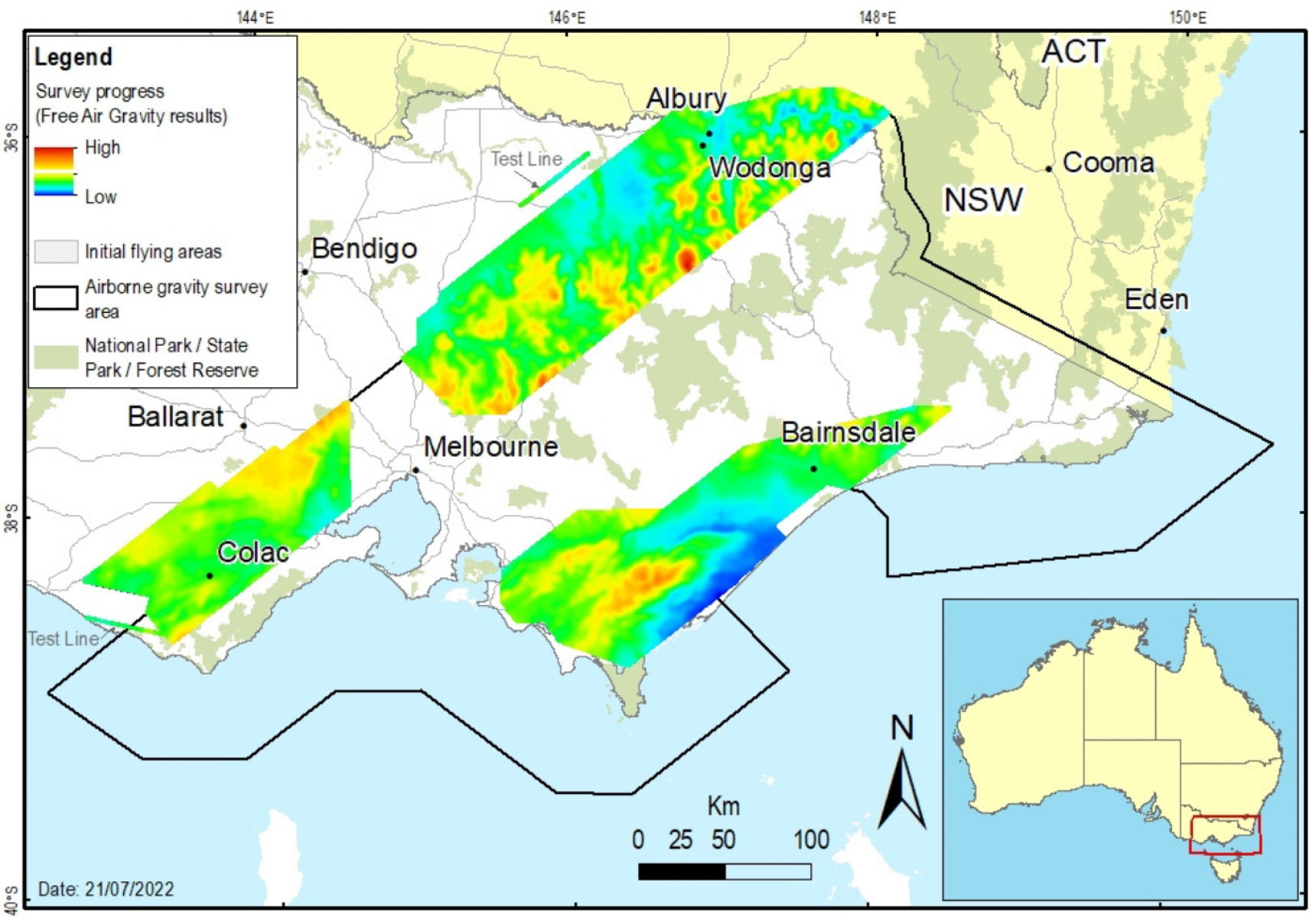 A map showing progress of the airborne gravity survey being flown over Victoria.