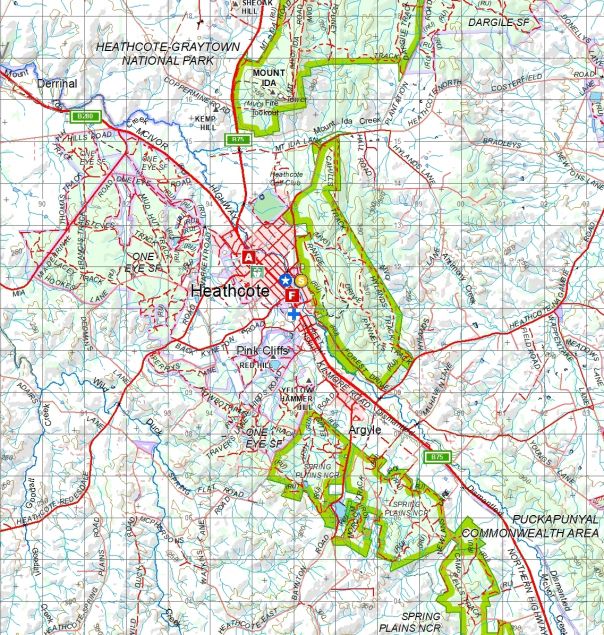 Map of Heathcote at scale 1:100 000