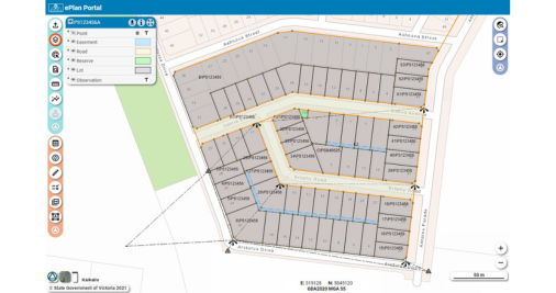 Screenshot of the ePlan Portal showing a digital plan of subdivision overlaid on Vicmap.  