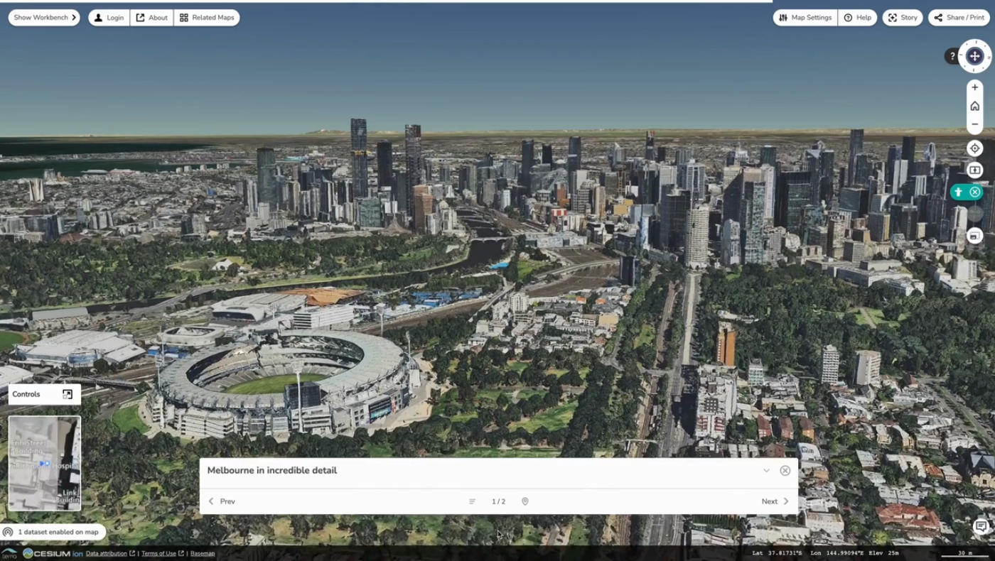 A screenshot of the Digital Twin Victoria platform showing interface menus as well as 3D imagery of the Melbourne skyline. A dialog box centred in the bottom of the screen reads 'Melbourne in incredible detail'.