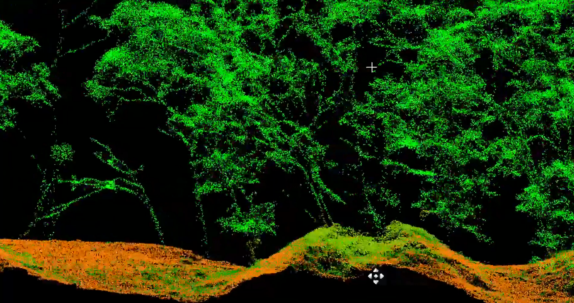A horizontal LiDAR cross section of Budj Bim showing green points for tree growth, orange and brown points for the terrain, and a black background.  