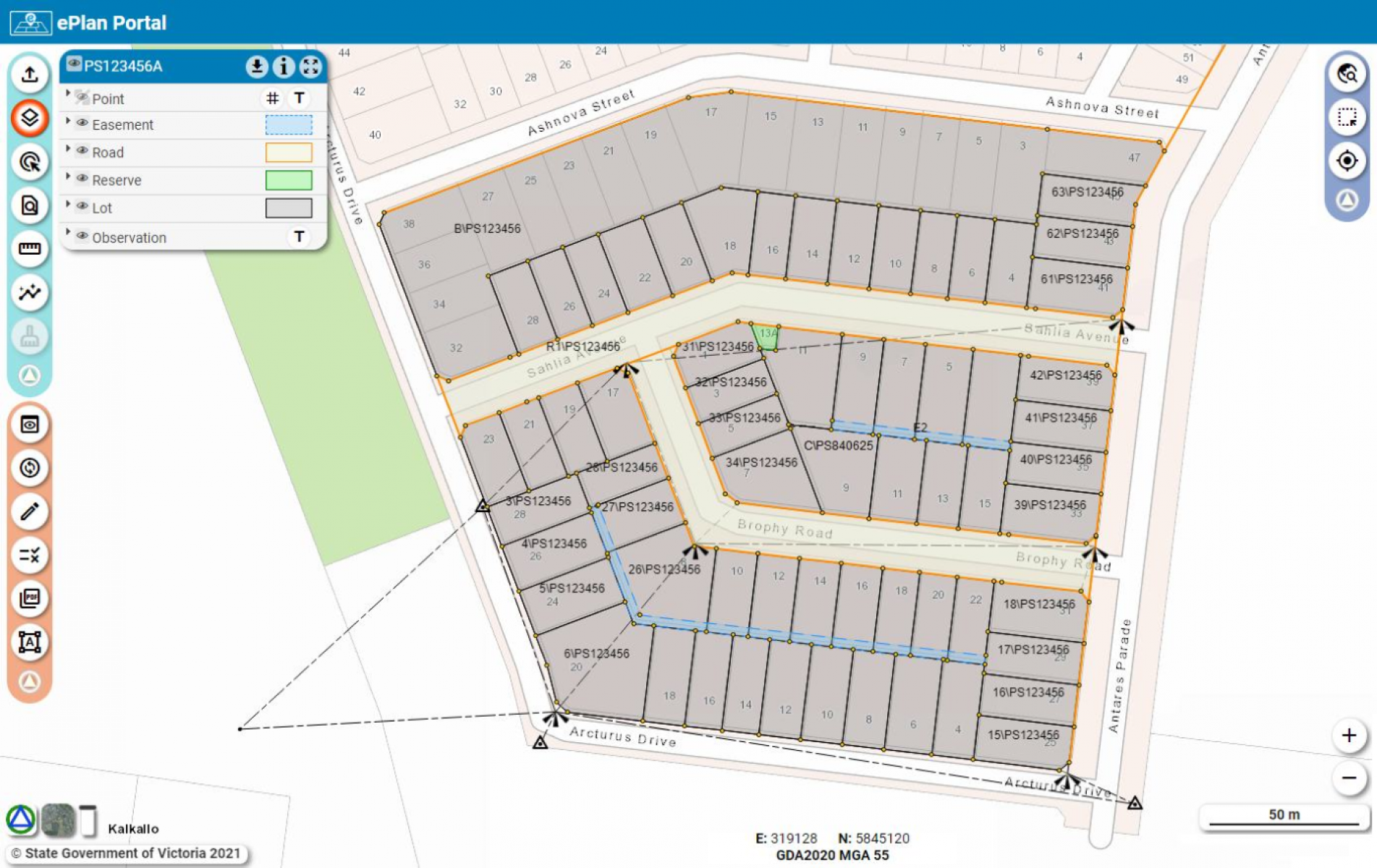 Screenshot of the ePlan Portal showing a digital plan of subdivision overlaid on Vicmap.