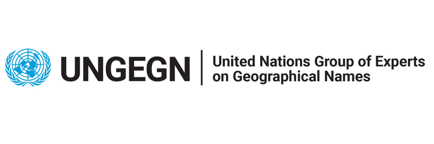 Black text on a white background that reads UNGEGN, United Nations Group of Experts on Geographical Names. The blue UN logo is also pictured, which is a blue world image surrounded by olive branches.