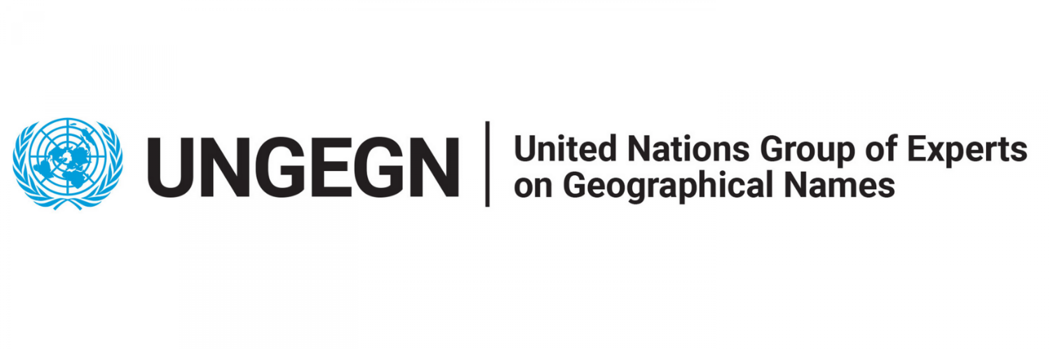 Black text on a white background that reads UNGEGN, United Nations Group of Experts on Geographical Names. The blue UN logo is also pictured, which is a blue world image surrounded by olive branches.