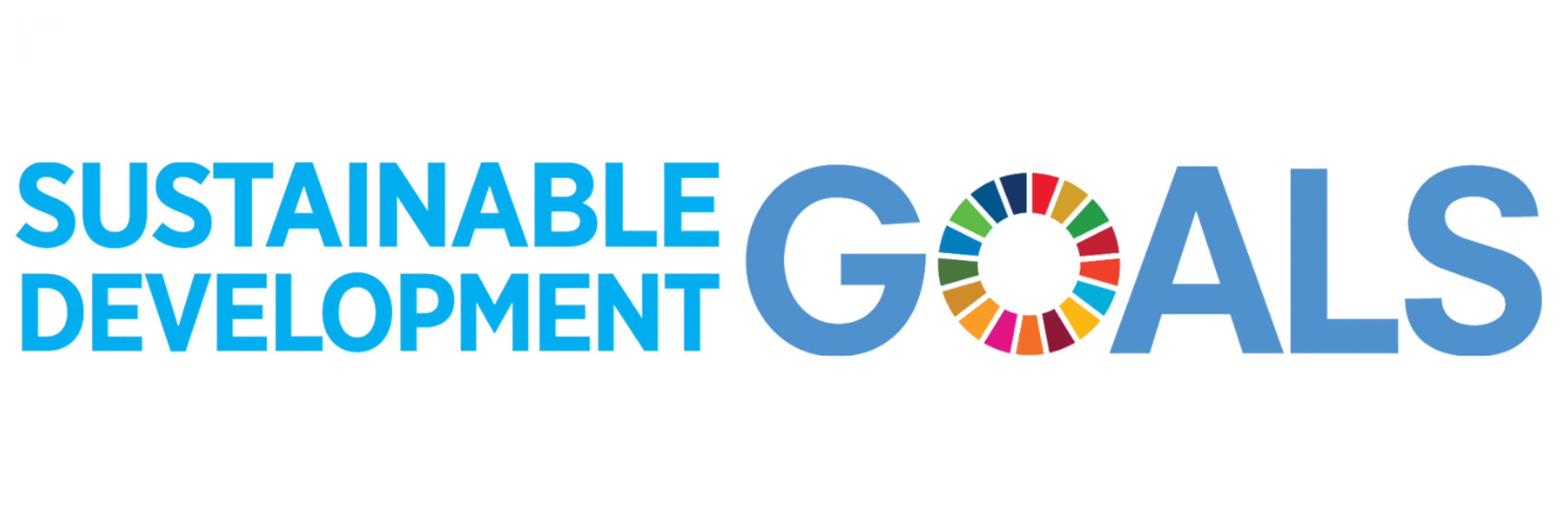 Blue text on a white background that reads Sustainable Development Goals. The O of the word goals is a colourful segmented circle that represents the different goals.