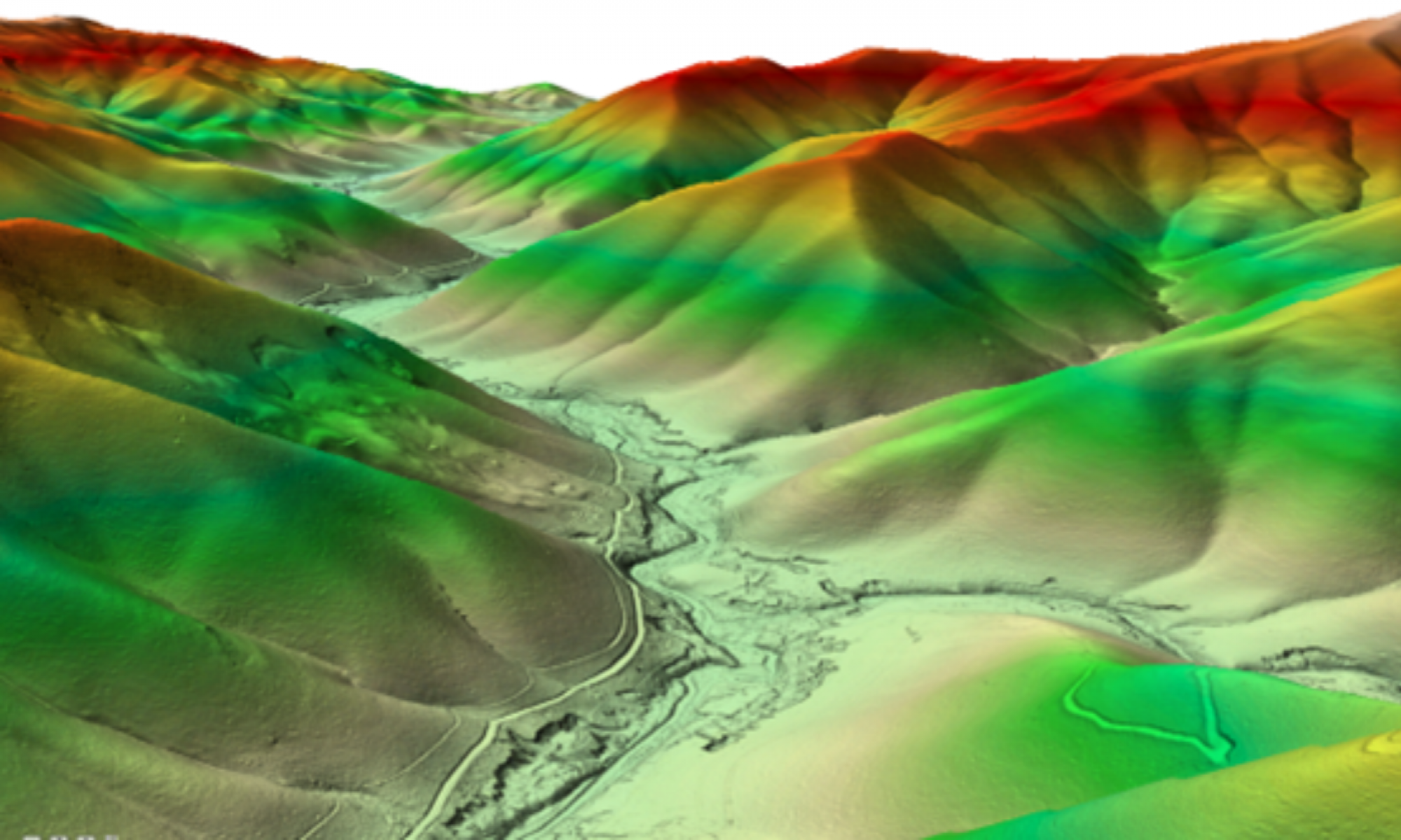 A Digital Elevation model of the Buckland River Valley genereated through LiDAR capture displaying the height of surfaces through shades of green, yellow and red.