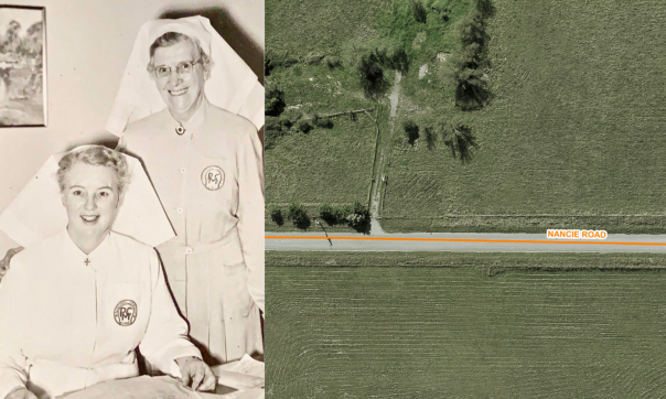 The image is a photo of Nancie Kinsella in a nurse's uniform, sitting at a table with a book in front of her. In this photo, another nurse is standing behind her with a hand on Nancie's shoulder. There is also an image of a bird's eye view map of Nancie Road. The land shown on the map is covered in grass and some trees.