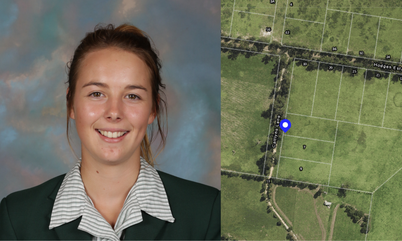 The image is a school photograph of Caitlyn Fischer. There is also a bird's eye view map of Caitlyns lane. The land shown on the map is covered in grass and there are trees lining the roads.