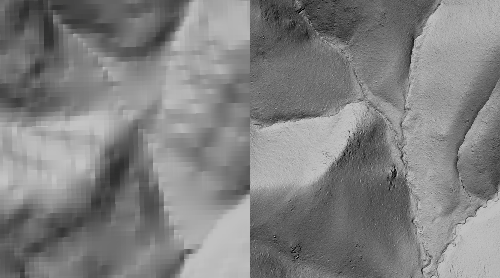 The image is split vertically into two halves. In shades of grey, the right hand side shows the resolution of a 10 m digital elevation model of an area of land and is heavily pixelated. The right hand side, also in shades of grey, shows the same area but at a 50 cm resolution with much clearer and nuanced contours for each slope.