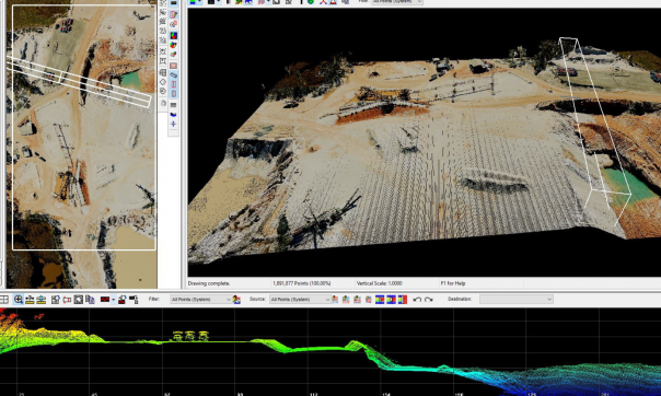 Three different views displayed on a screen showing a colourised point-cloud from three different angles. A window along the bottom of the screen shows a horizontal cut-through of a hillside, the window to the right shows an aerial view of the same area, and the main window in the top right looks diagonally down across a cross section of the point-cloud, showing rural structures, trees and greenery.