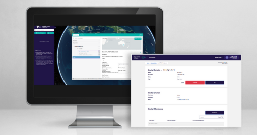 A computer monitor displaying the Digital Twin Victoria Portals interface and an overlaid window showing a Portal Details page.  