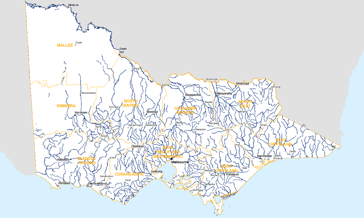 A map of the state of Victoria showing bordering states greyed out with no detail. On the map, region names are highlighted in yellow text with yellow boundary outlines, major cities are written in black text, and waterways are coloured in blue right across the state, forming a detailed network of lines. The ocean is coloured light blue around the coastline.