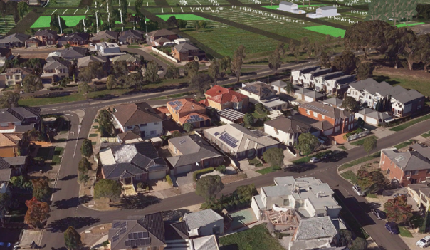 Aerial view of streetscape that shows eComply data in the Digital Twin Victoria pilot