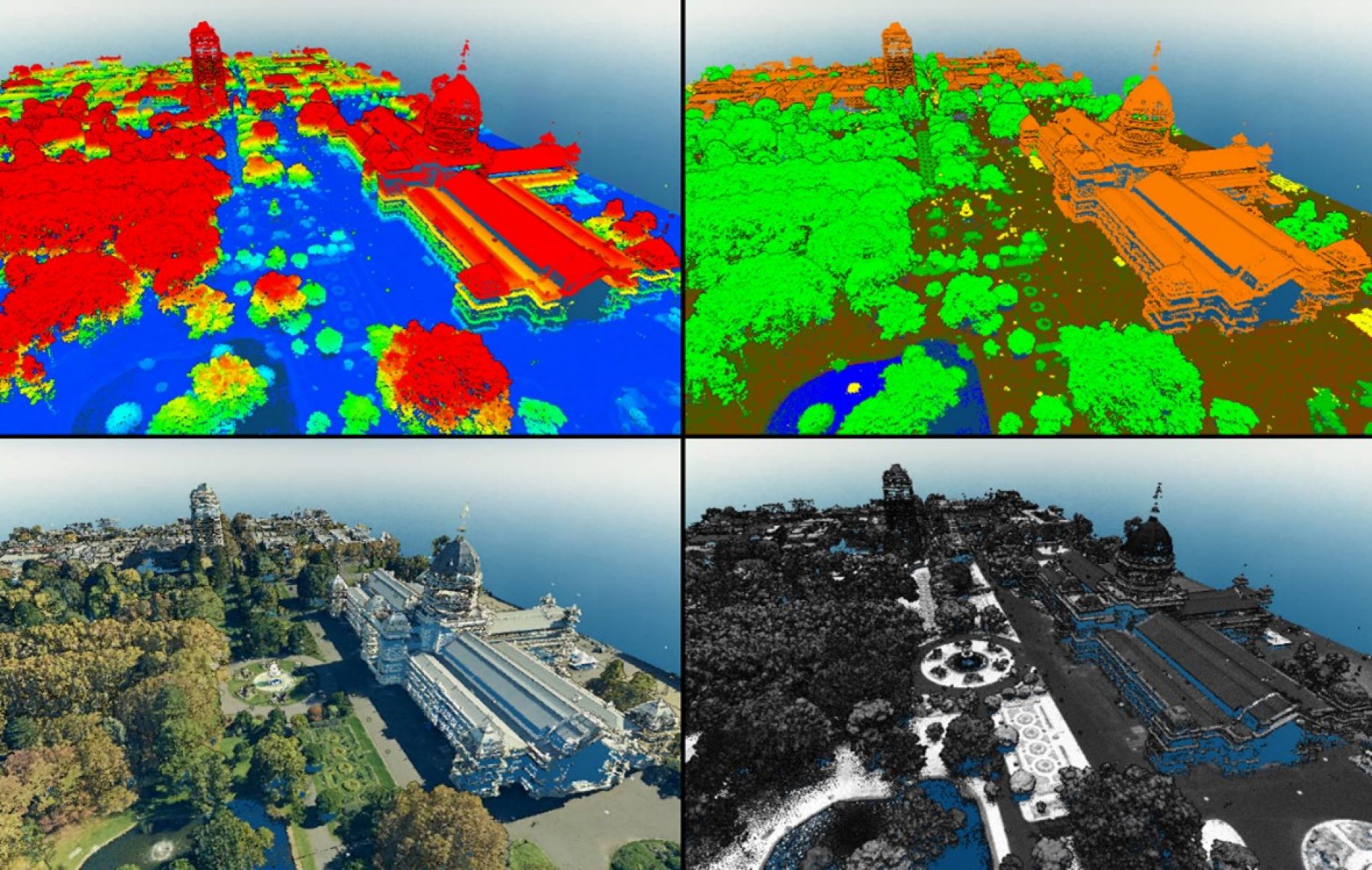 Royal Exhibition Building in Melbourne with four different LiDAR point cloud data symbology views