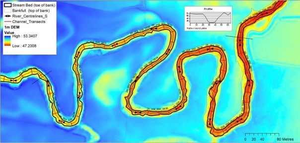 A LiDAR derived image of a section of a river with colour used to represent height. The highest points are shaded in deep blue, and the lowest, or deepest points, are shaded in red, with a spectrum in between of greens, yellows and oranges. A map legend is displayed in the top left corner, and a map scale in the bottom right corner. The centreline of the river and banks of the river are also outlined.