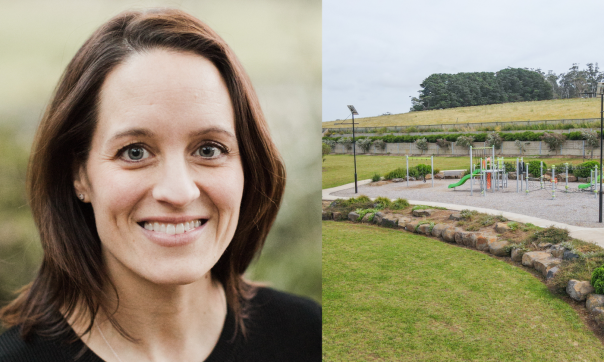 The image is a portrait photo of Kelly Koochew, with shoulder length brown hair, blue/green eyes and wearing a black top. There is also a photo of a park with a colourful playground, surrounded by grass and small plants.