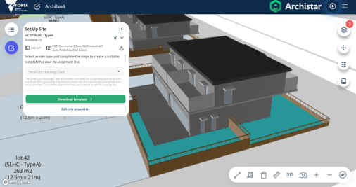 A screenshot of the Archiland demonstration tool. A blue banner across the top of the screen displays the Victoria state government and Archistar logos along with main menu button and the name Archiland. In the background is a 3D model of a proposed house, showing the 2 storey building shaded in greys, with land area shaded in teal, the roof in black, and fencing in brown. Technical details about the sample plan are written in the bottom left corner. Buttons are visible along the right hand side of the screen and in the bottom right corner of the screen, to enable a user to manipulate and interact with the design. An open pop-up menu on the left hand side shows a menu guiding users to set up their design within Archiland.  
