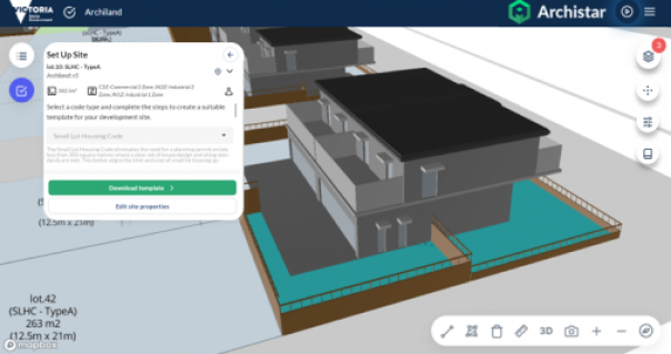 A screenshot of the Archiland demonstration tool. A blue banner across the top of the screen displays the Victoria state government and Archistar logos along with main menu button and the name Archiland. In the background is a 3D model of a proposed house, showing the 2 storey building shaded in greys, with land area shaded in teal, the roof in black, and fencing in brown. Technical details about the sample plan are written in the bottom left corner. Buttons are visible along the right hand side of the screen and in the bottom right corner of the screen, to enable a user to manipulate and interact with the design. An open pop-up menu on the left hand side shows a menu guiding users to set up their design within Archiland.