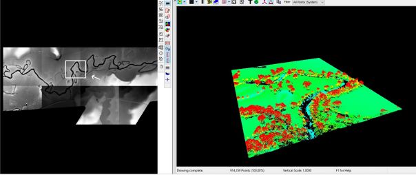 A capture of a computer monitor with two windows open. The right hand image displays a square cross-section of land floating on a black background. The camera is angled down towards the square area where height is shaded in colour. Deep blues represent the lowest/deepest points of the surface and/or river depth. The ground surface is fairly flat and is shaded in greens. The highest points are tree cover which is shaded in yellows and reds. The river cuts through the image, from front to back, with trees clustered around the landscape as well as along the banks of the waterway. A menu of buttons appears down the screen between the left and right hand windows. The left window is a black and white aerial view of the same area, with deep points represented by the darkest shading, and the highest points closer to white.