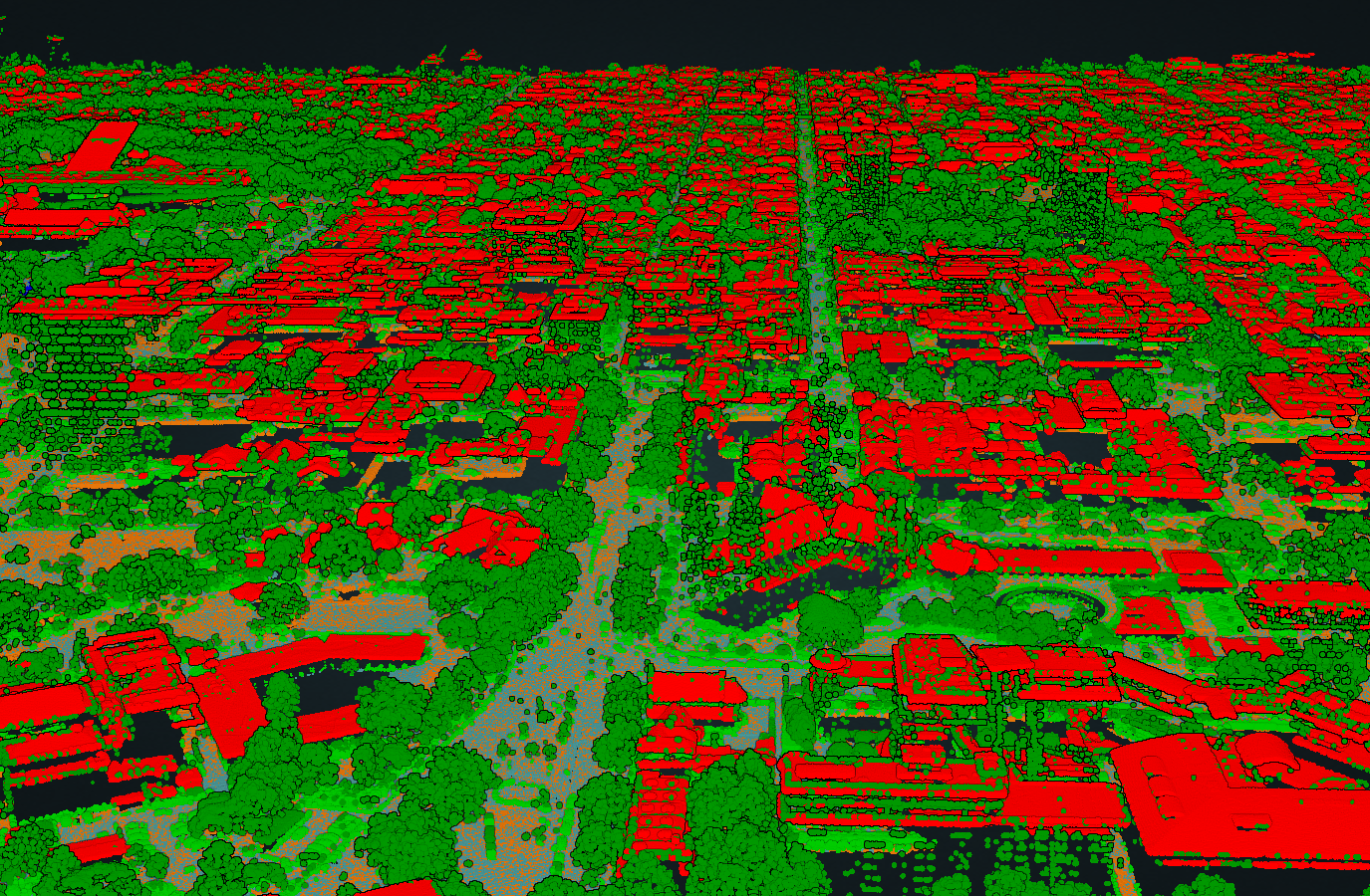 A LiDAR image over a section of Melbourne showing roads in grey, trees, grass and shrubs in green, and manmade structures in red over a suburban area..  
