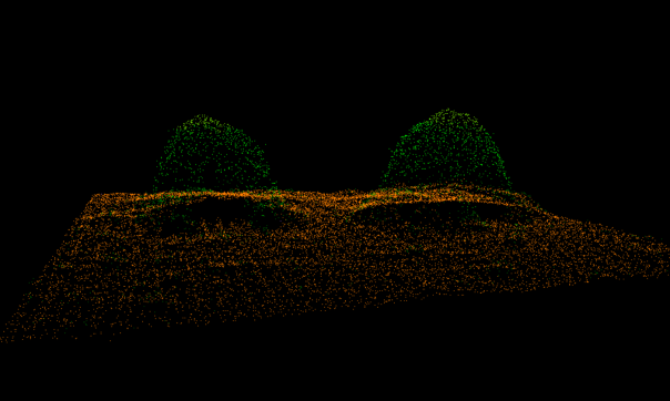 A LiDAR point-cloud image representing two demonstration huts located near the visitor centre at Budj Bim. Two dome-shaped huts are represented in brown points, and the curve of the ground is represented in shades of green.