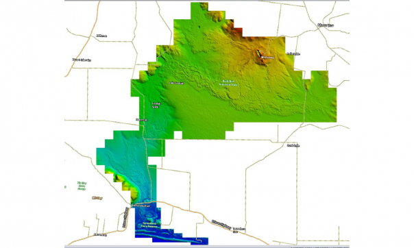 An aerial LiDAR image of the entire Budj Bim project survey area, with place names marked from Mt Eccles through to Tyrendarra Flora Reserve.