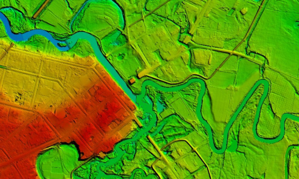 A Digital Elevation Model aerial view over Wangaratta, displaying topography through colour. The lowest points are shaded in deep blues, through shades of green and yellow, with red to represent the highest points.