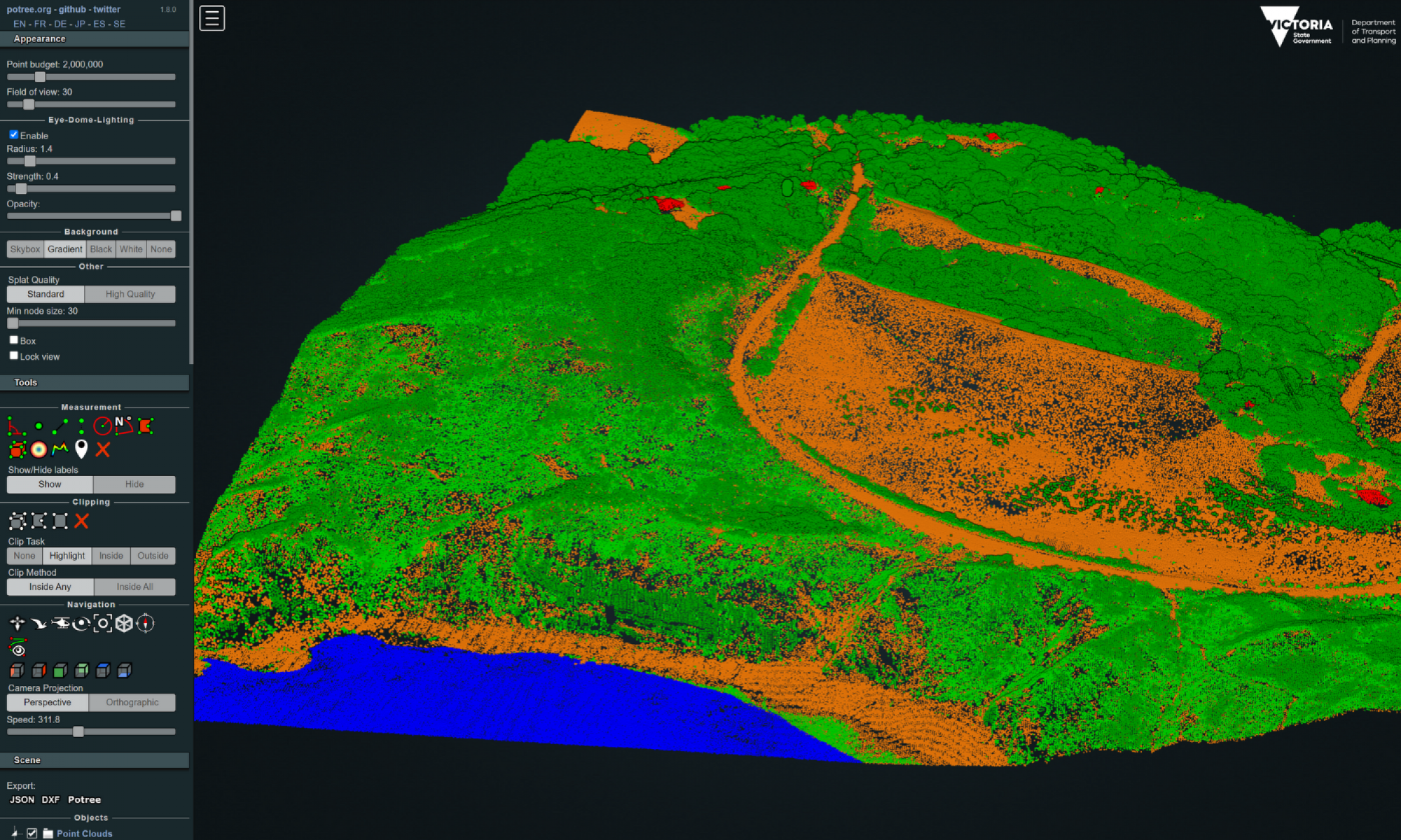 A screen capture of the web browser preview of Great Ocean Road LiDAR data. A menu on the left hand side shows options to customise the data. The main screen shows terrain in shades of orange, vegetation in green, water in blue and buildings in red.
