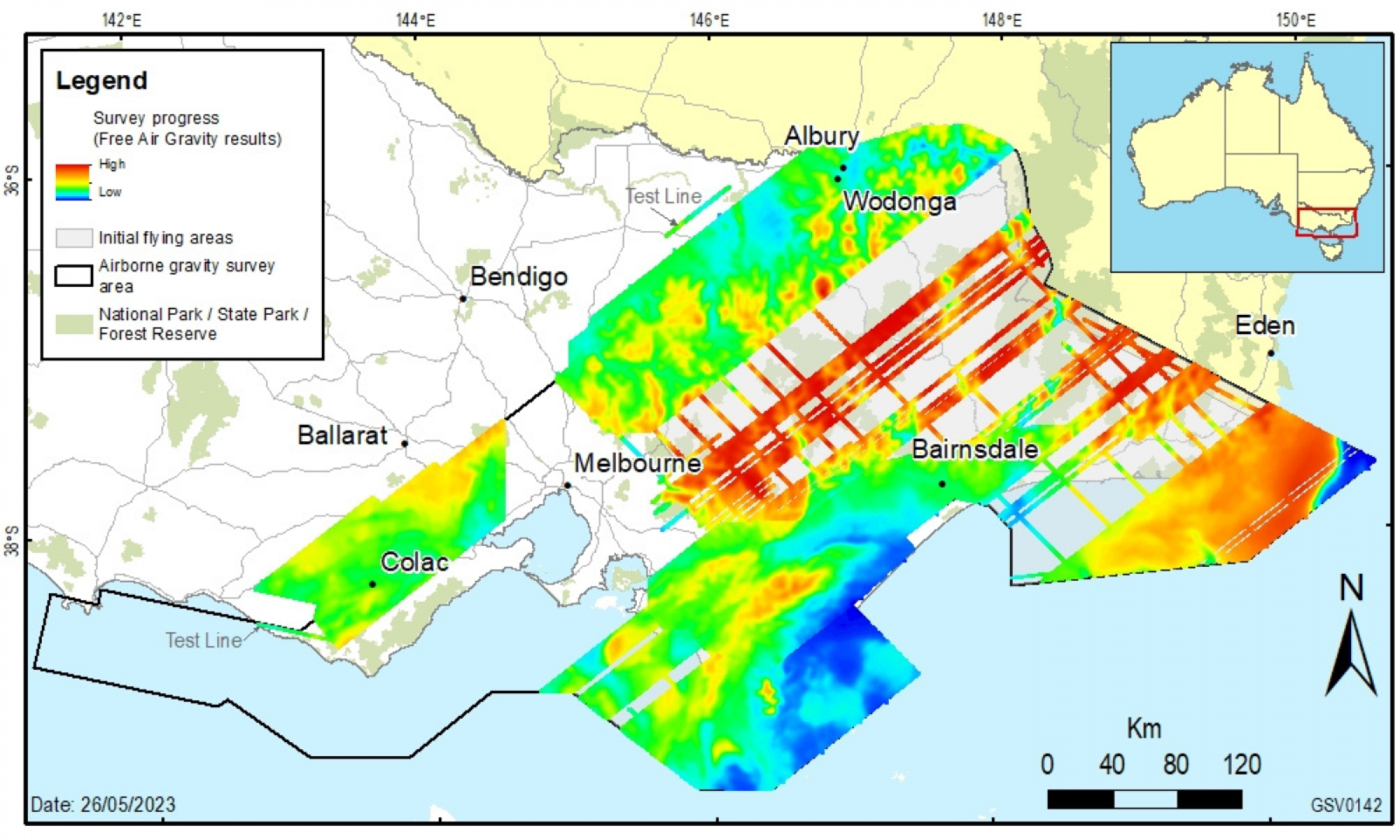 A map of Victoria showing progress of the airborne gravity survey.