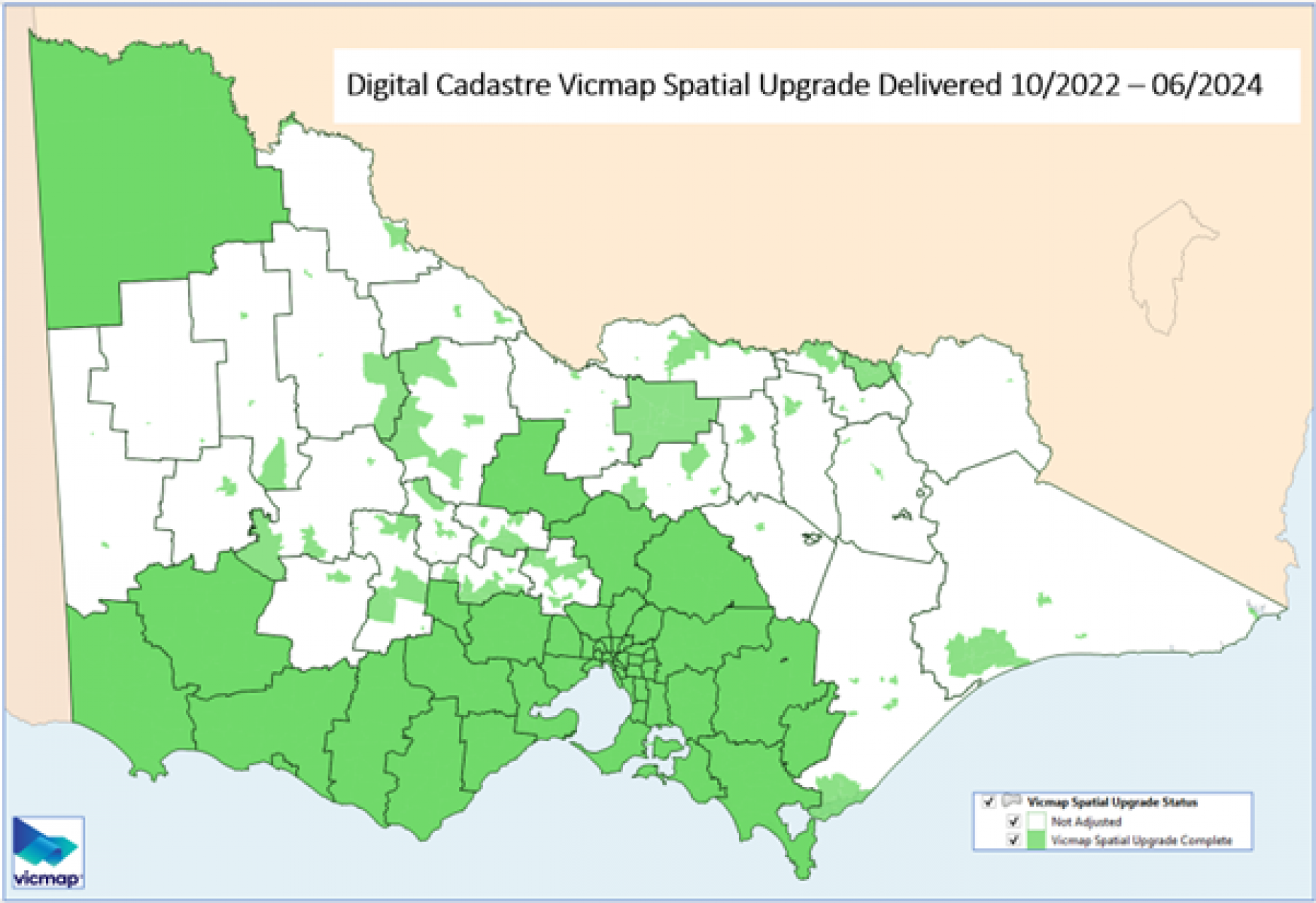 A map of Victoria with LGAs outlined in black. Some areas are shaded in green and other areas are shaded in white. Inset text reads: Digital Cadastre Vicmap Spatial Upgrade Delivered 10/2022 - 06/2024