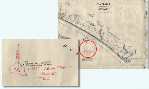 Detail of the hard copy of County Plan 27 from 1966 (right) updated in 1968 showing hand drawn Lady Julia Percy Island.