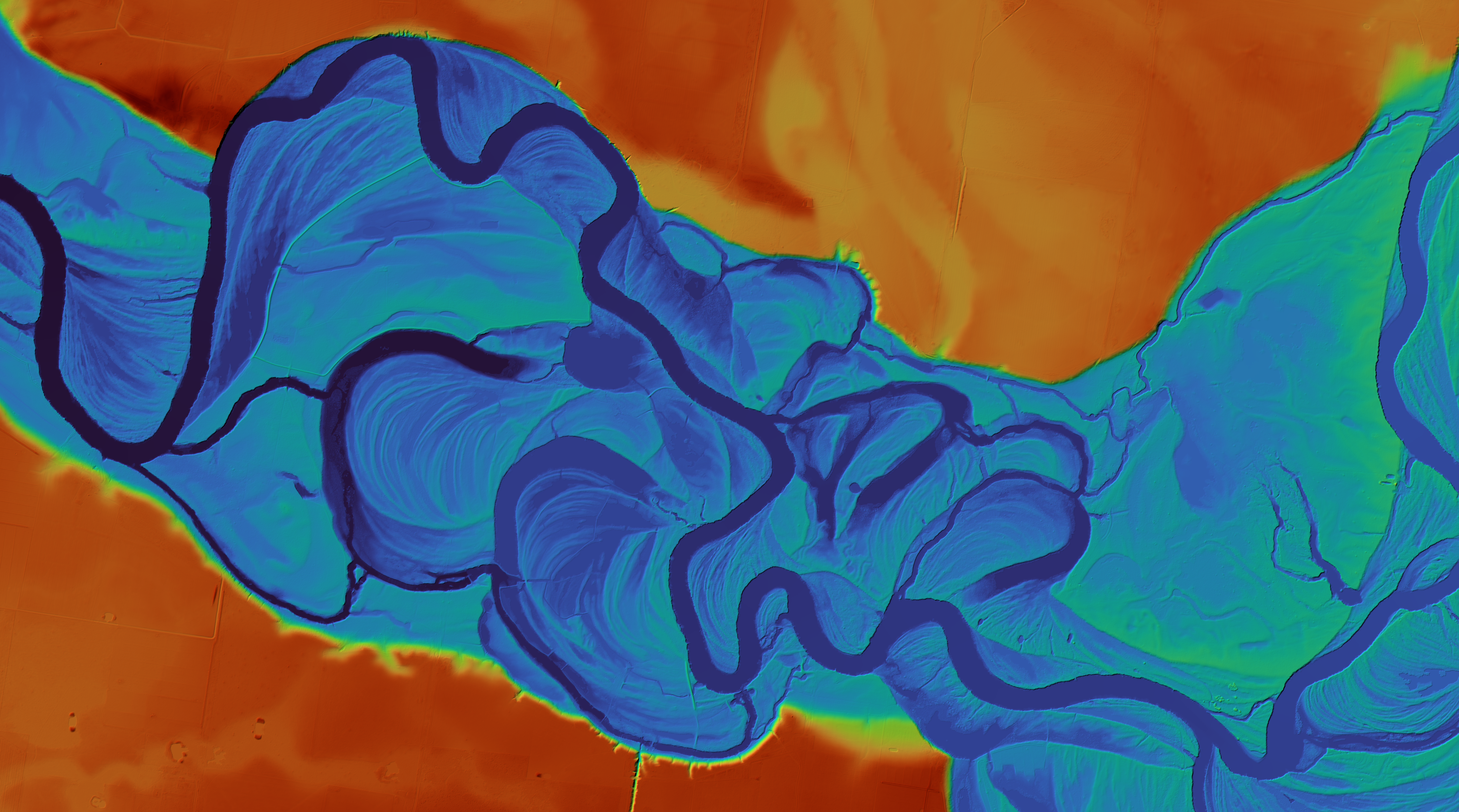 An aerial image of a portion of the Murray River using false colour to depict the depth of the waterway and height of land contours. The deepest points are shaded in blue, through shades of green, then yellow, then red for the highest points. The image shows the curves of the river wending back and forth across the landscape along with floodplains.