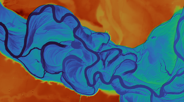 An aerial image of a portion of the Murray River using false colour to depict the depth of the waterway and height of land contours. The deepest points are shaded in blue, through shades of green, then yellow, then red for the highest points. The image shows the curves of the river wending back and forth across the landscape along with floodplains.