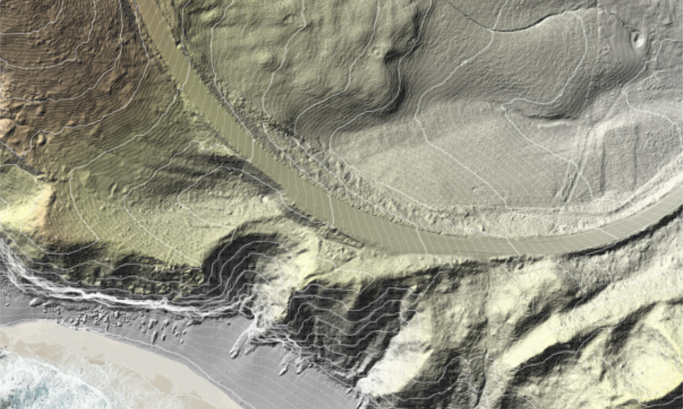 A derived aerial image looking down over a section of land with contour lines representing the contour of the landscape.