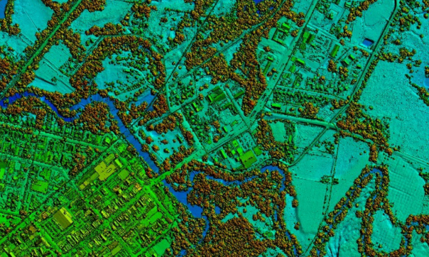 An aerial digital surface model over Wangaratta, with colours used to represent the height of topography, tree coverage and structures. The lowest points are shaded in deep blue, through greens and yellows to shades of red for the highest points.