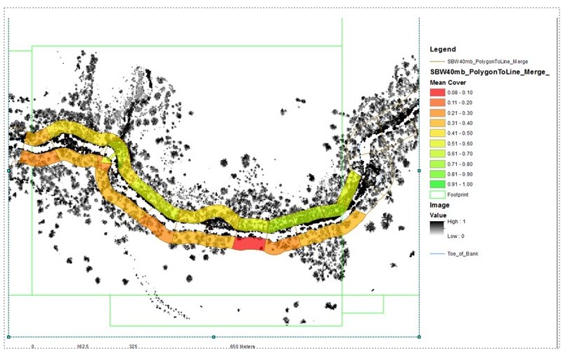 An aerial image with vegetation channels on either side of the river shaded in reds, oranges and yellows to indicate the average height of tree cover. The underneath LiDar image has tree coverage dotted across the landscape and shaded in black, on a white base. A legend is displayed on the right hand side, showing that red represents the tallest points, through the colour spectrum to green for the lowest points.