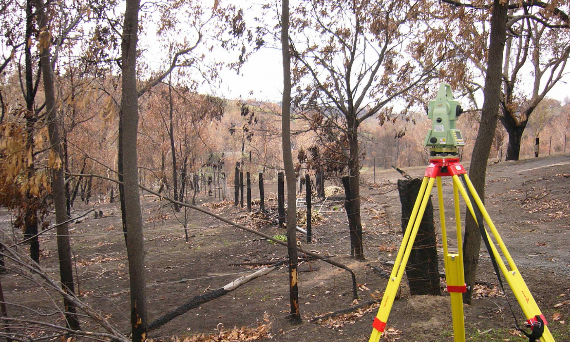 Photo of burnt trees and fences with surveying equipment in the foreground.
