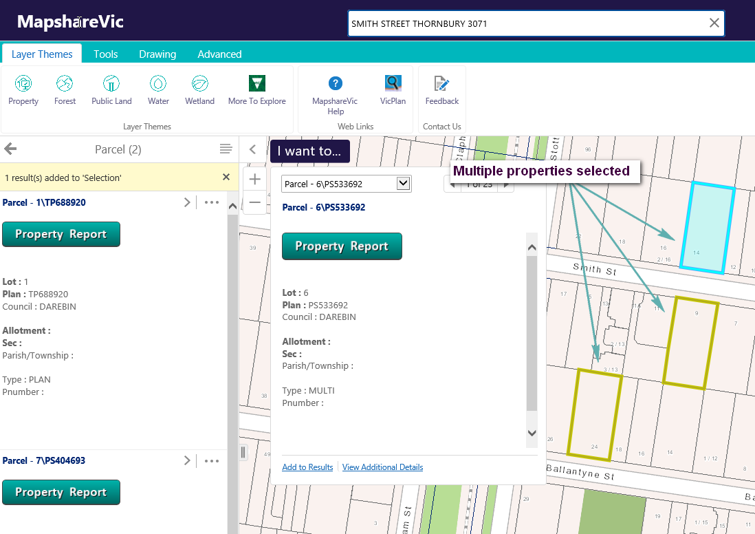 example showing multiple properties selected