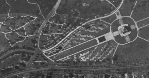 An aerial image of Melbourne's Shrine of Remembrance dating back to 1942 showing zigzag war trenches  