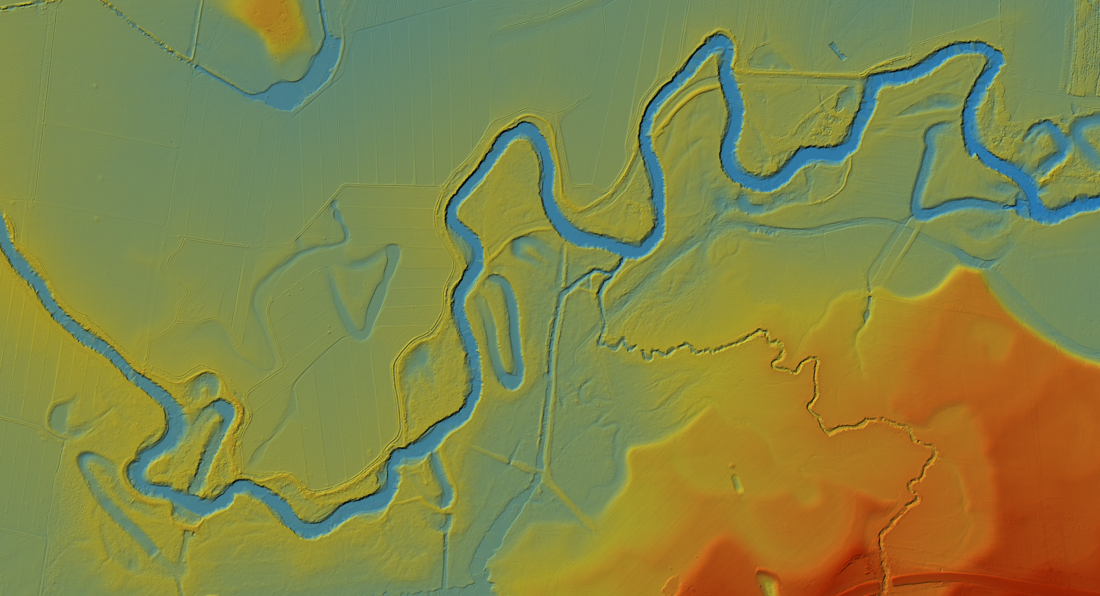 LiDAR aerial imagery over a section of river near Latrobe. Colour represents height, with the deeper points such as river bends and flood plains shaded in blues, the fields shaded in teals, greens and yelows, and higher points suggesting hills in the bottom right corner shaded in oranges and reds.  