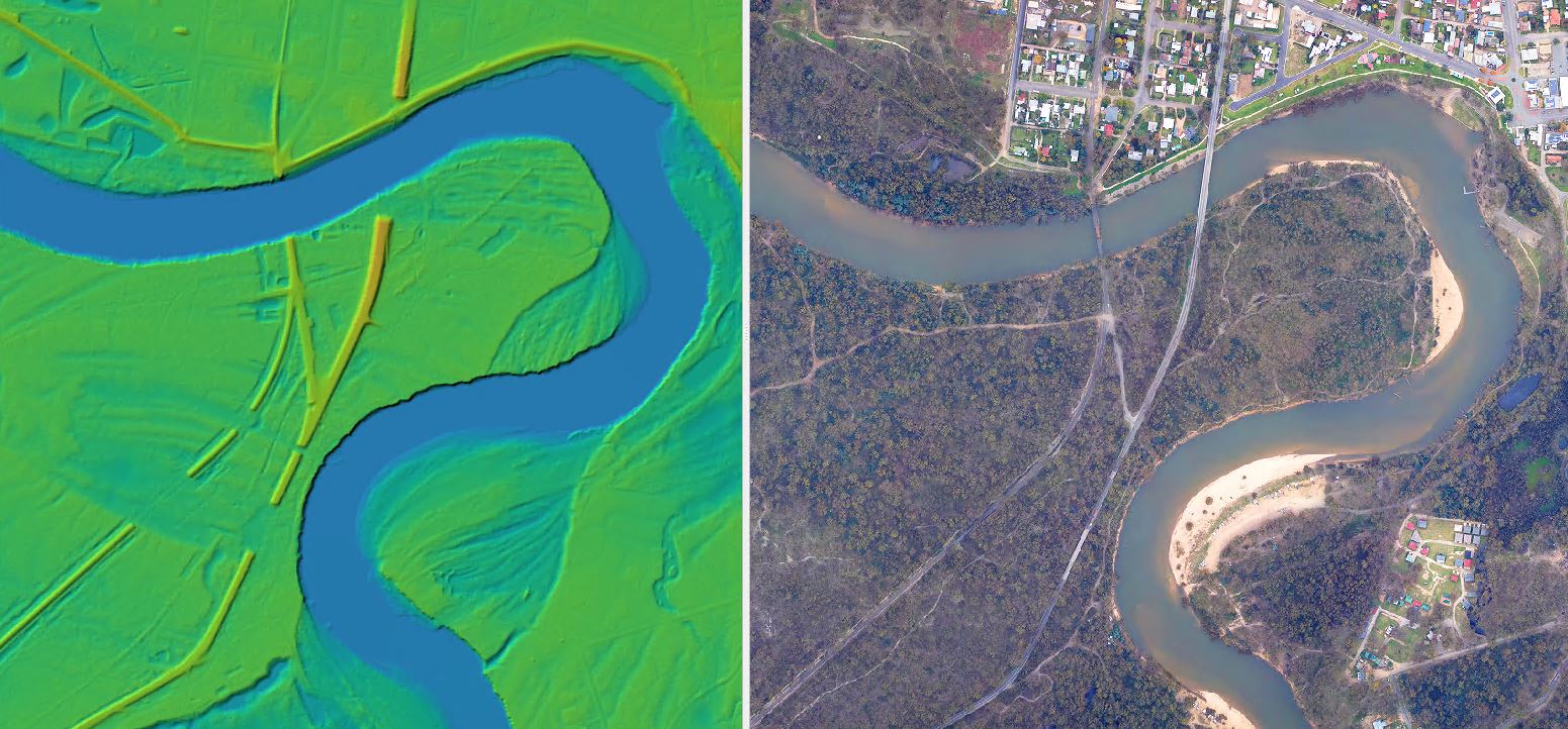 The image is split into two halves vertically. The right hand side shows an aerial photograph of the landscape in real colour, with streets and houses towards the top of the image, several main roads intersecting diagonally through the image, and a body of water that curves through the image starting near the top left corner and ending near the bottom right corner. The right hand side is a LiDAR image of the same area of land, depicting depth of water/height of topography using different shades of colour. The highest points are shown in deep blues through to greens and then shades of light green for the highest points on the map. Bridges have been removed from the image.