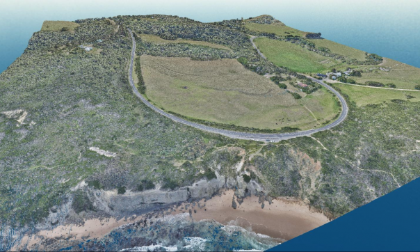 A LiDAR colourised image looking diagonally down at a cross-section of terrain. The image shows a section of cliffs along the Victorian coast, with blue water and waves. A circular road cuts through the landscape above the cliffs, and different textures of shrub and grass cover the terrain.