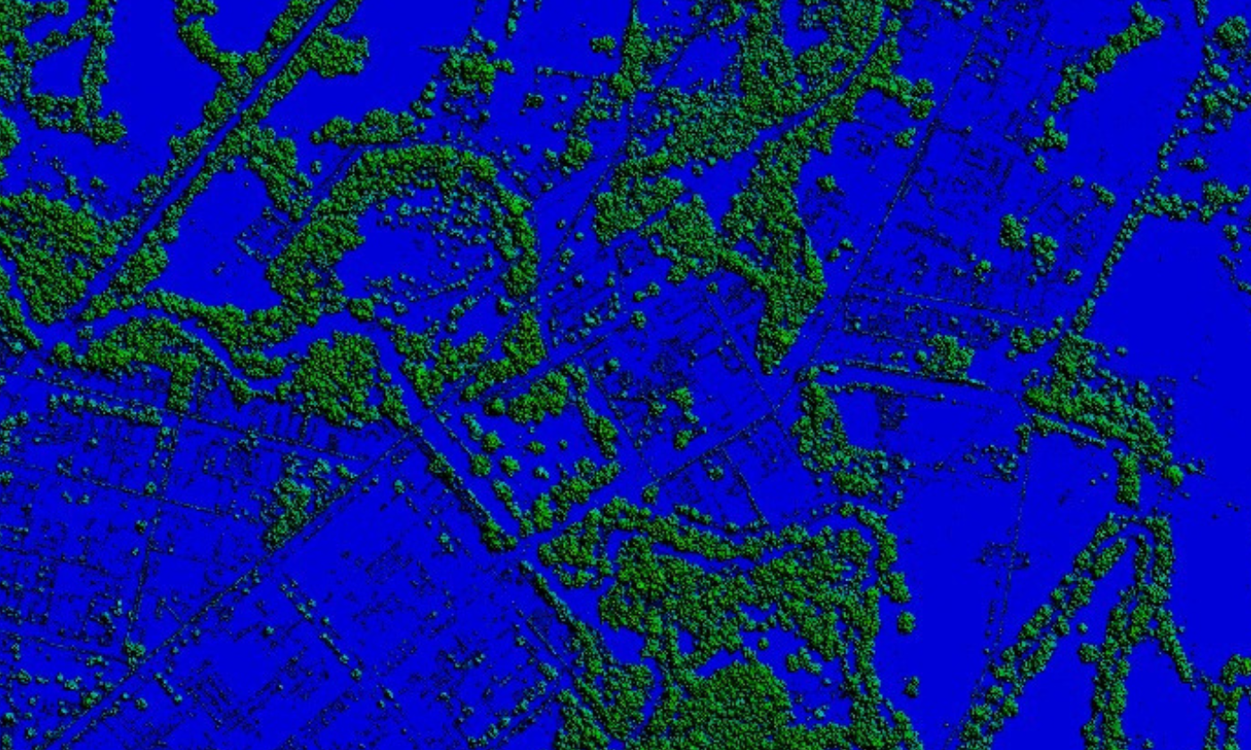 An aerial view model over Wangaratta showing heights of ground surface, structures and tree coverage with colour to represent heights. The lowest points are shaded in deep blue, with higher points shaded in greens.