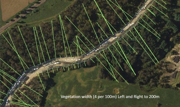 An aerial photograph of an area of river densely populated with trees on either side. Multiple light green lines have been drawn across river from edge to edge of the tree line to measure the width of the vegetation cover.