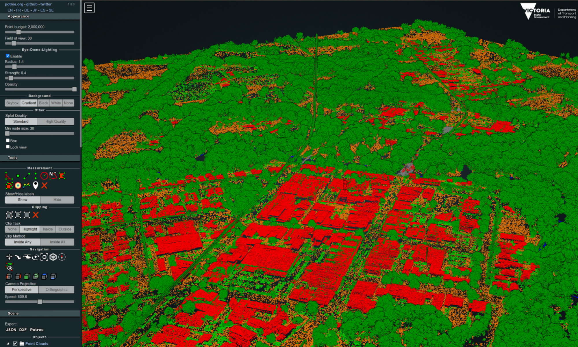 A screen capture of the web browser preview of 3D regional towns LiDAR data. A menu on the left hand side shows options to customise the data. The main screen shows terrain in shades of orange, vegetation in green, water in blue and buildings in red.