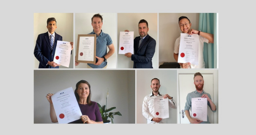 A photo collage of newly licensed surveyors posing with their certificates of registration.  