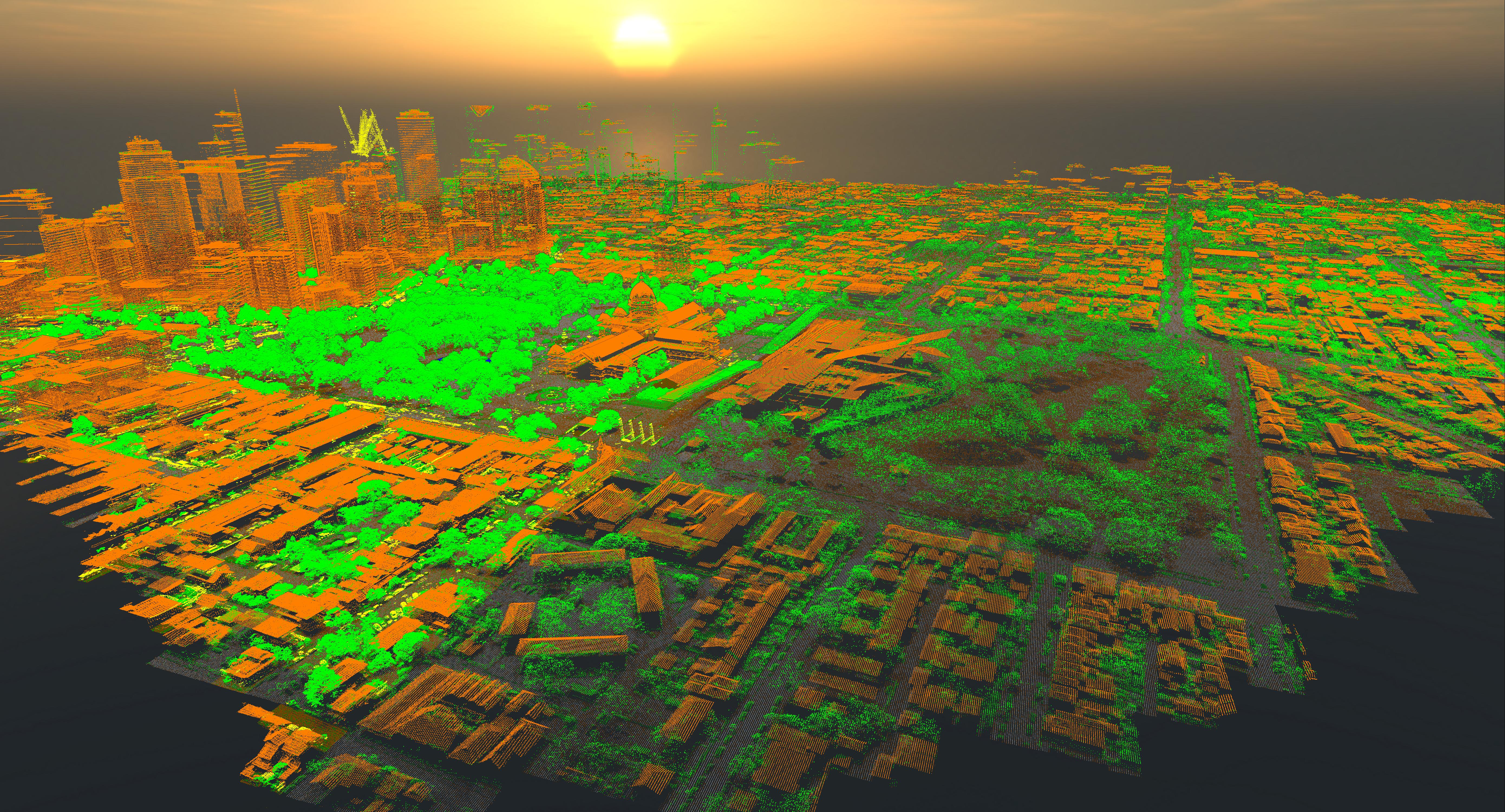A point-cloud LiDAR image looking across Carlton Gardens towards the CBD. A false sun effect appears on the horizon and the model casts shadows from this light source. The edges of the model are solid black. Roads are coloured in grey along streets, around the edges of Carlton Gardens and on pathways that criss-cross the gardens. Tree growth is coloured in vibrant shades of green, and built structures are coloured in orange.
