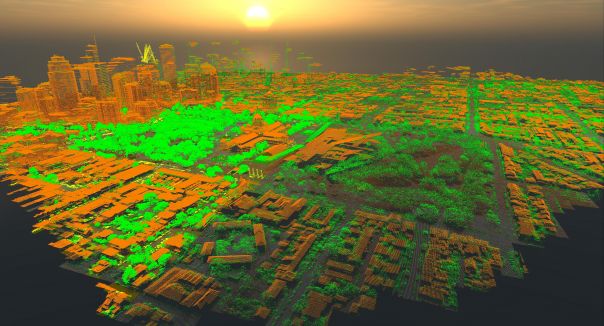 A point-cloud LiDAR image looking across Carlton Gardens towards the CBD. A false sun effect appears on the horizon and the model casts shadows from this light source. The edges of the model are solid black. Roads are coloured in grey along streets, around the edges of Carlton Gardens and on pathways that criss-cross the gardens. Tree growth is coloured in vibrant shades of green, and built structures are coloured in orange.