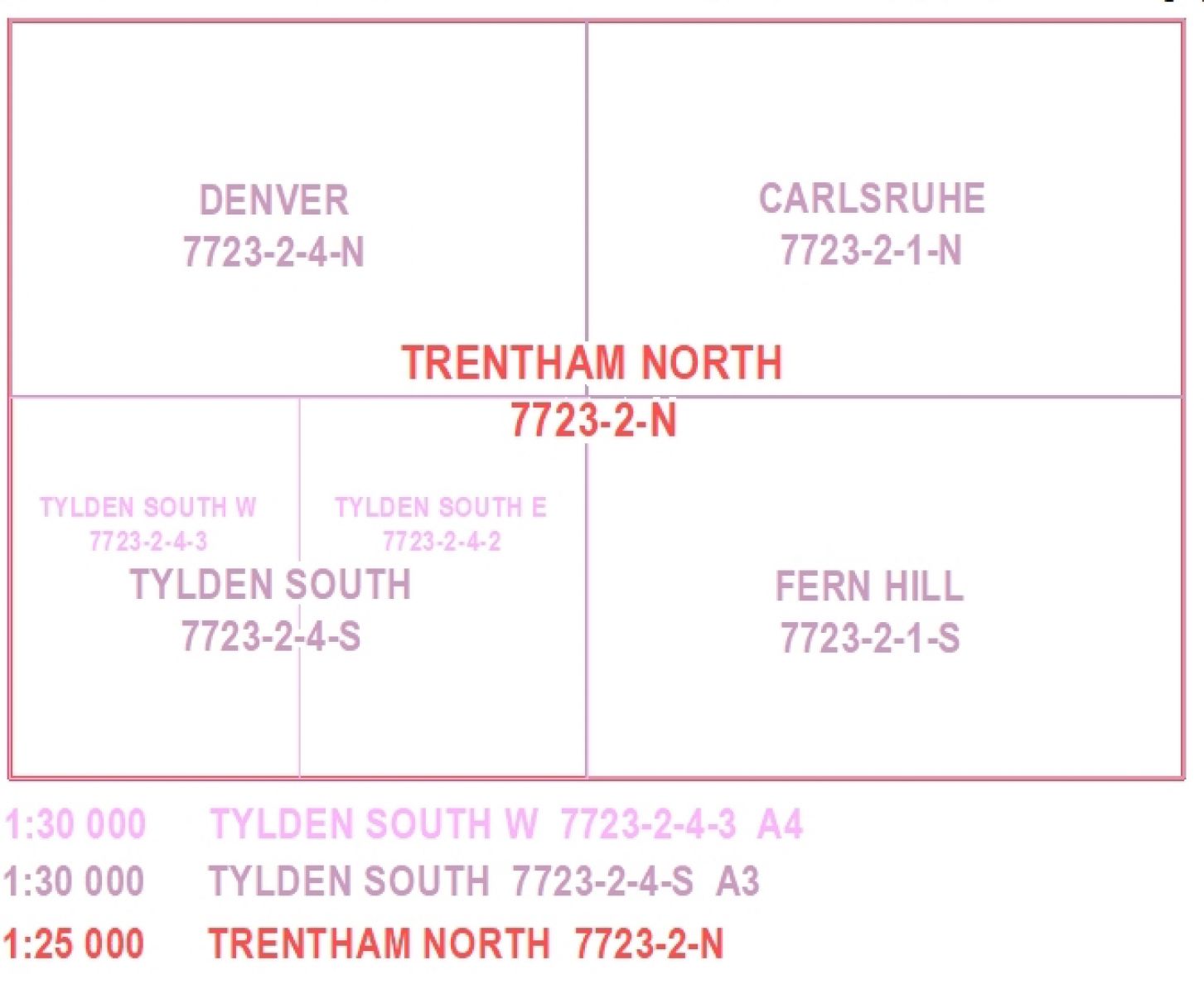 The links between the various scales are shown for 1:30 000 A4, 1:30 000 A3 and 1;25 000 mapping.  