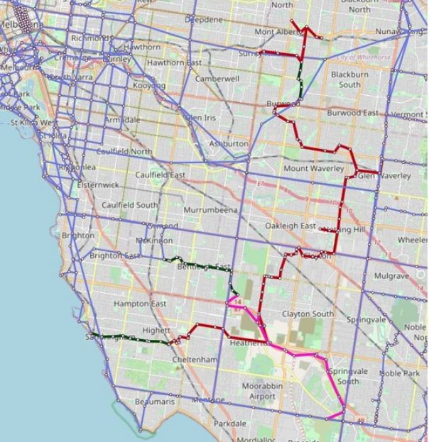 Levelling data added to the Victorian Levelling Network adjustment in support of the Suburban Rail Loop Project (Green - New SGV Levelling, Red - New DoT Levelling, Pink - Old DoT Levelling, Blue - Existing VLN Network
